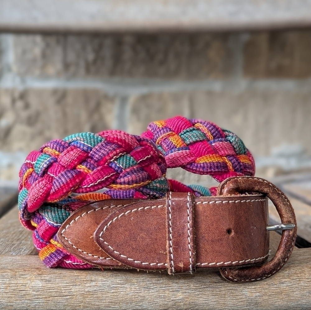 VTG 80s Handmade Braided Guatemalan Belt Size Medium Tan Leather Colorful Canvas